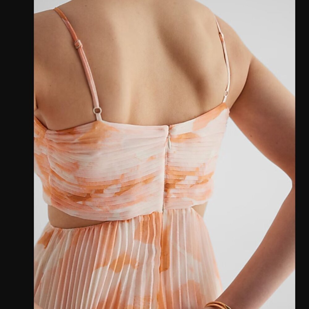 NWT Express Floral V-Neck Pleated Cutout Midi Dress, Peach and White, XL - Picture 4 of 8